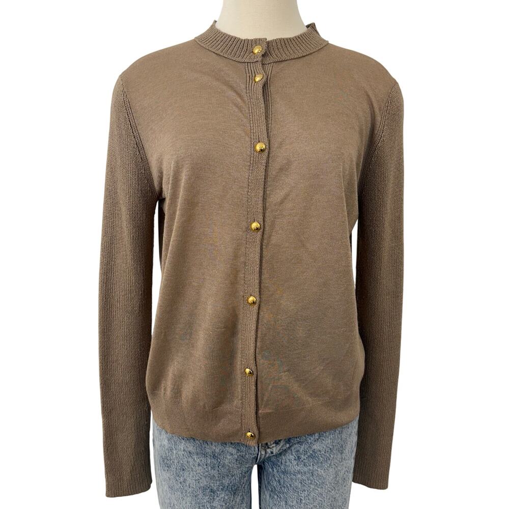 St. John Fine Lurex Cardigan Sweater Long Sleeve in Tan/Light Brown L